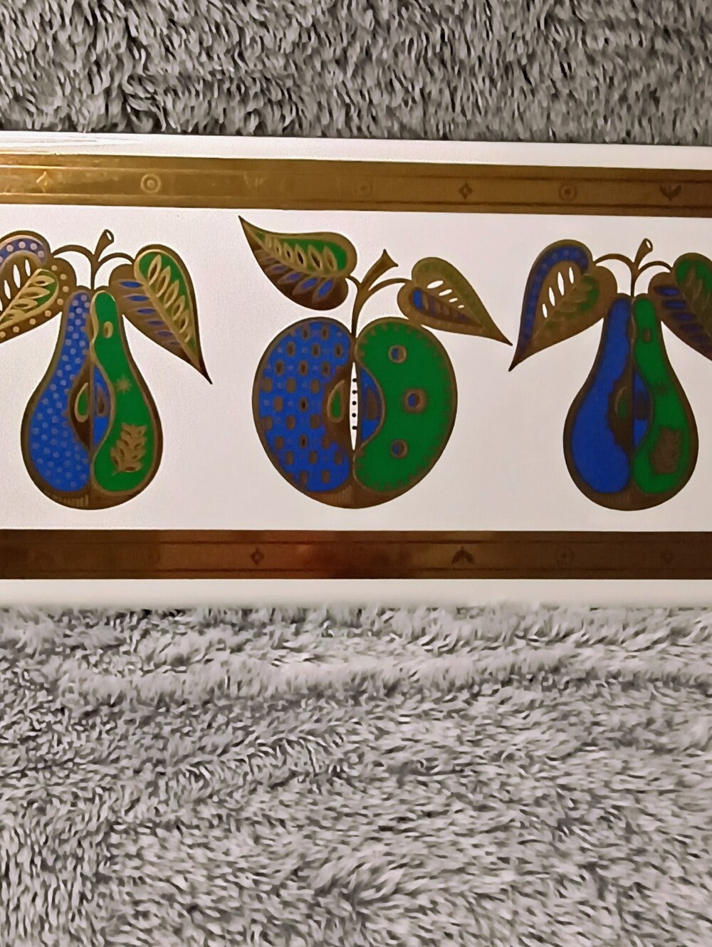 MCM Georges Briard "Forbidden Fruit" Enamel Tile Apple Pear Blue Green Gold Vtg
